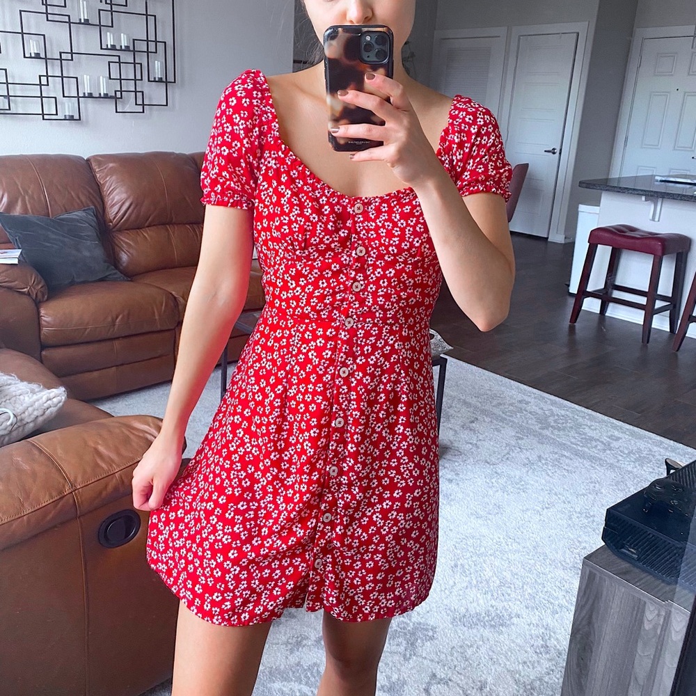 ABERCROMBIE & FITCH RED FLORAL PUFF SLEEVE DRESS